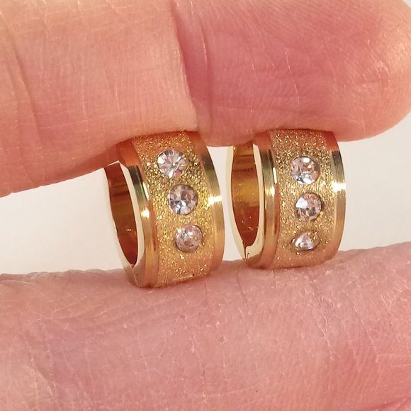 Mens Gold Stainless Steel Diamond Zircon Frosted Sandblast Hoop Earrings 14mm - Picture 2 of 5